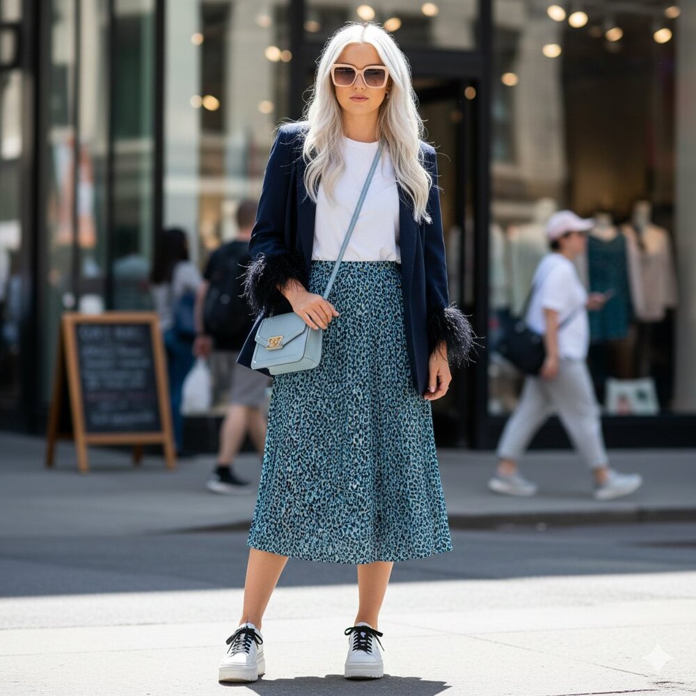 EUC The Moon blue, black & yellow animal print pleated skirt, M/L